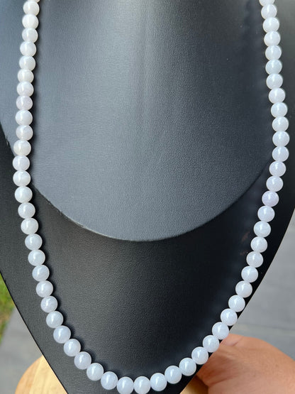 Natural Certified Grade A Burmese Jadeite Jade Beaded Necklace – Icy Milky White & Light Lavender Hues – 7.2mm Beads – JN090