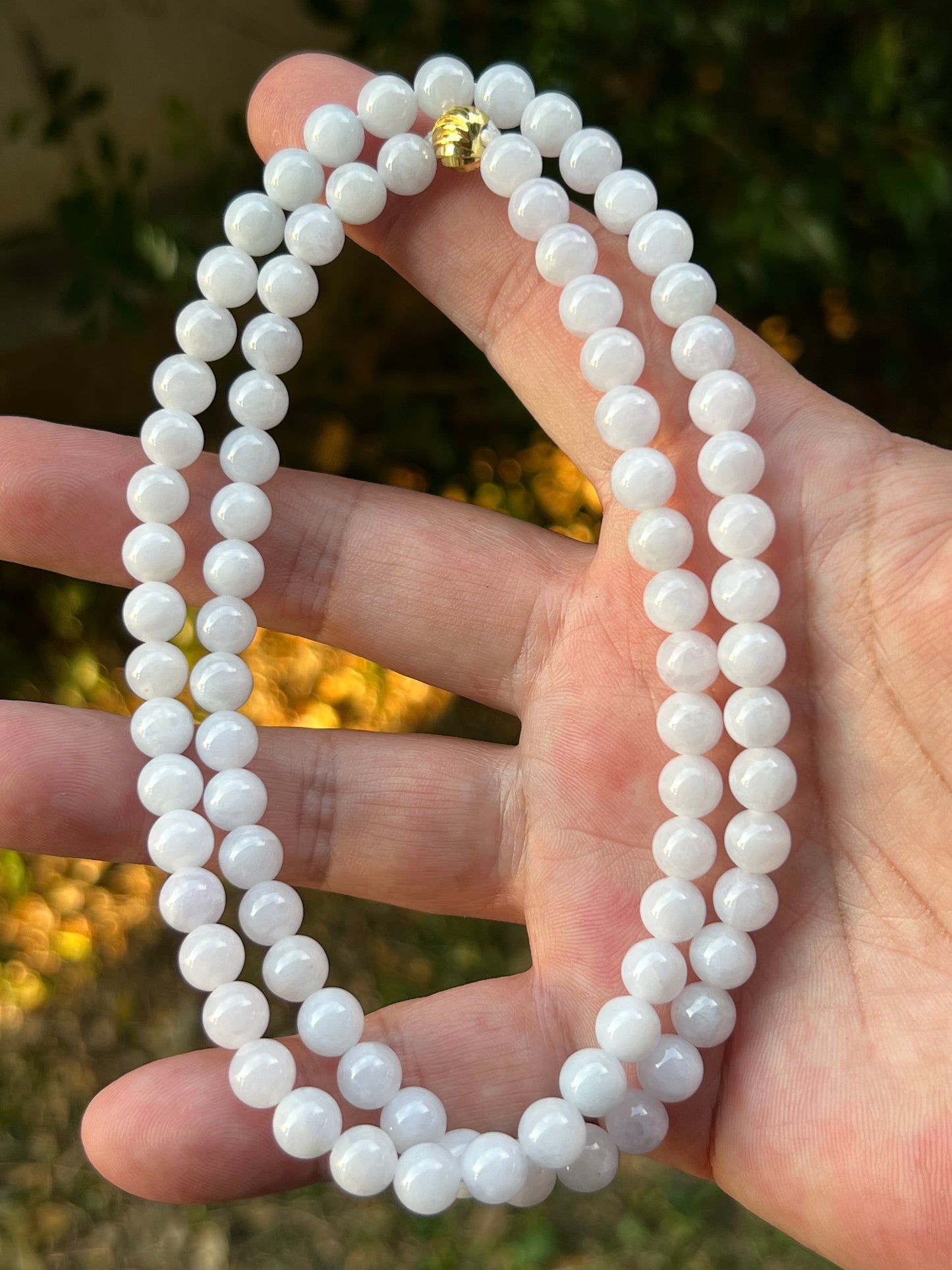 Natural Certified Grade A Burmese Jadeite Jade Beaded Necklace – Icy Milky White & Light Lavender Hues – 7.2mm Beads – JN090