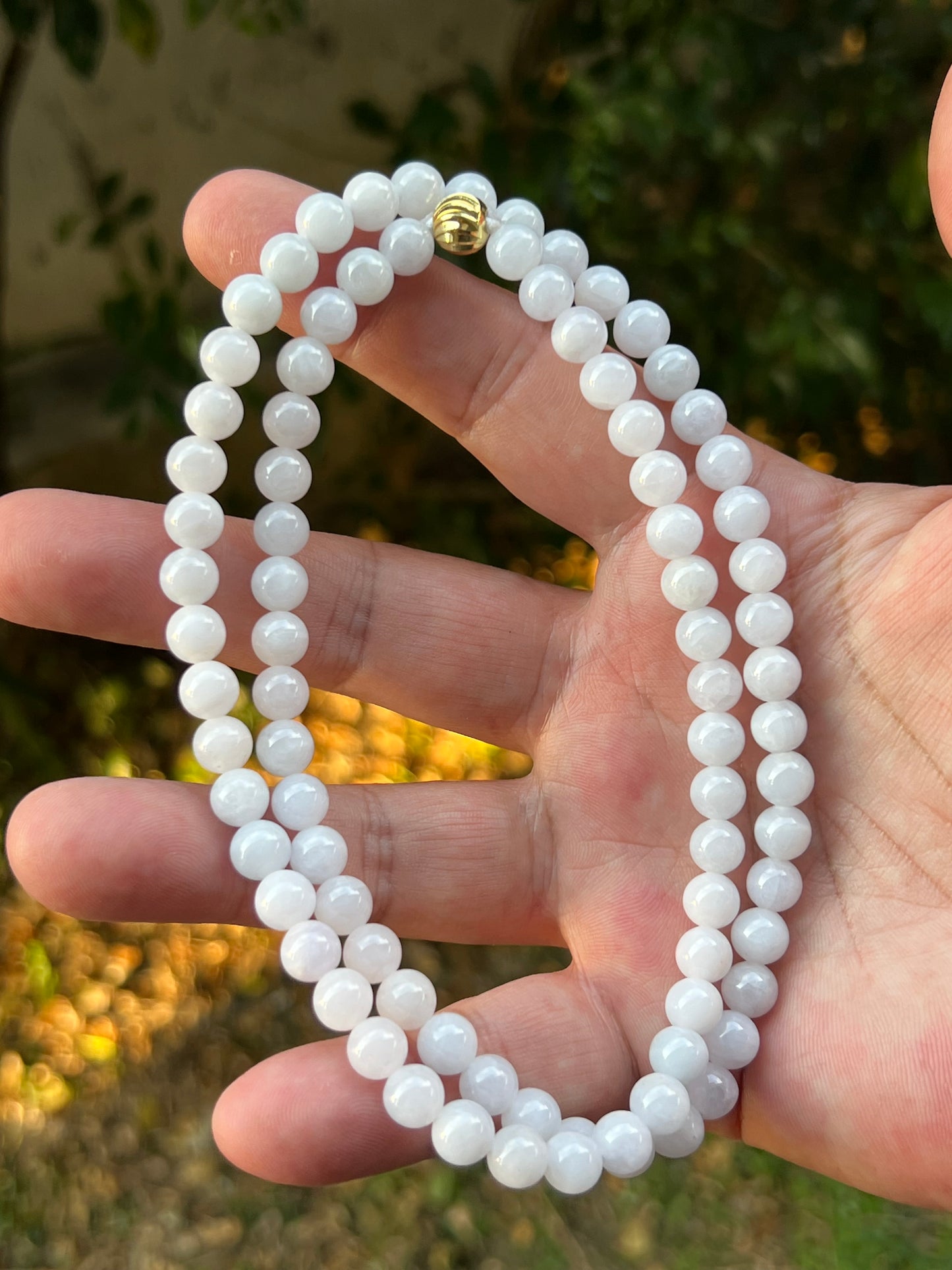 Natural Certified Grade A Burmese Jadeite Jade Beaded Necklace – Icy Milky White & Light Lavender Hues – 7.2mm Beads – JN090