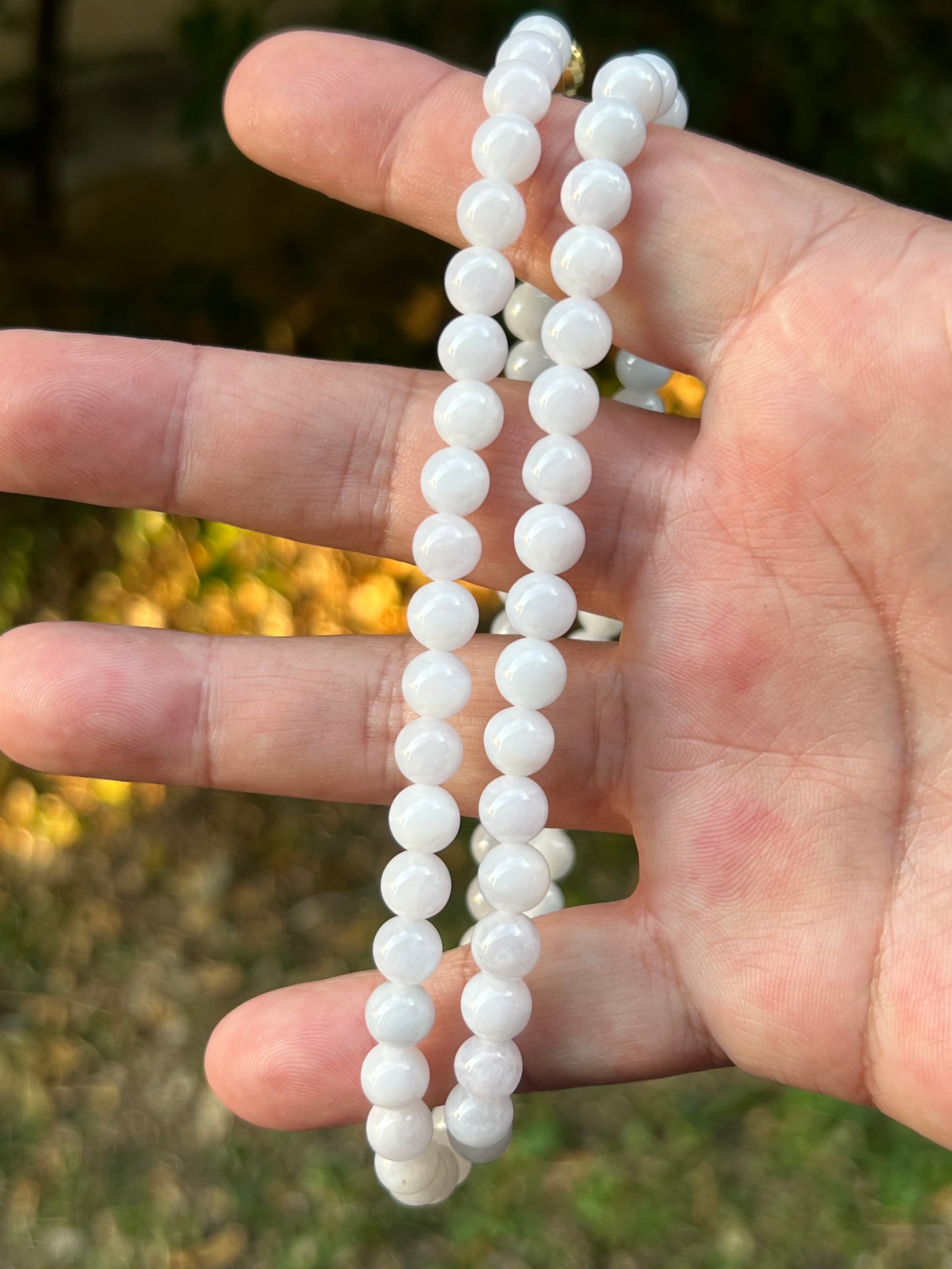 Natural Certified Grade A Burmese Jadeite Jade Beaded Necklace – Icy Milky White & Light Lavender Hues – 7.2mm Beads – JN090