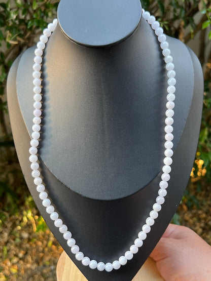 Natural Certified Grade A Burmese Jadeite Jade Beaded Necklace – Icy Milky White & Light Lavender Hues – 7.0mm Beads – JN091