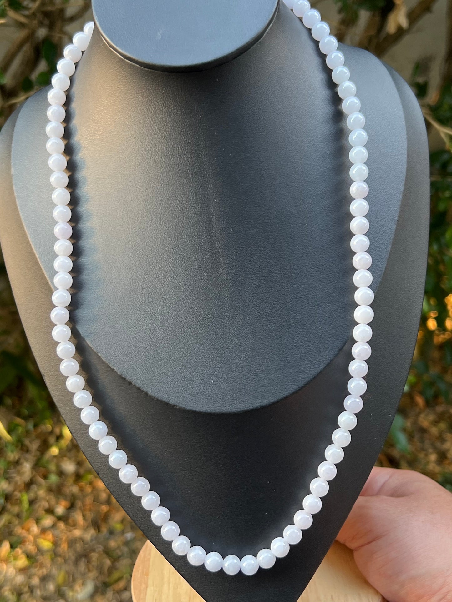Natural Certified Grade A Burmese Jadeite Jade Beaded Necklace – Icy Milky White & Light Lavender Hues – 7.0mm Beads – JN091