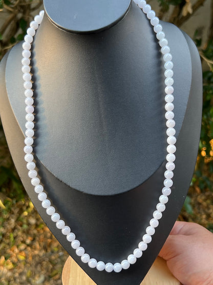 Natural Certified Grade A Burmese Jadeite Jade Beaded Necklace – Icy Milky White & Light Lavender Hues – 7.0mm Beads – JN091