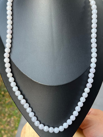Natural Certified Grade A Burmese Jadeite Jade Beaded Necklace – Icy Milky White & Light Lavender Hues – 7.0mm Beads – JN091