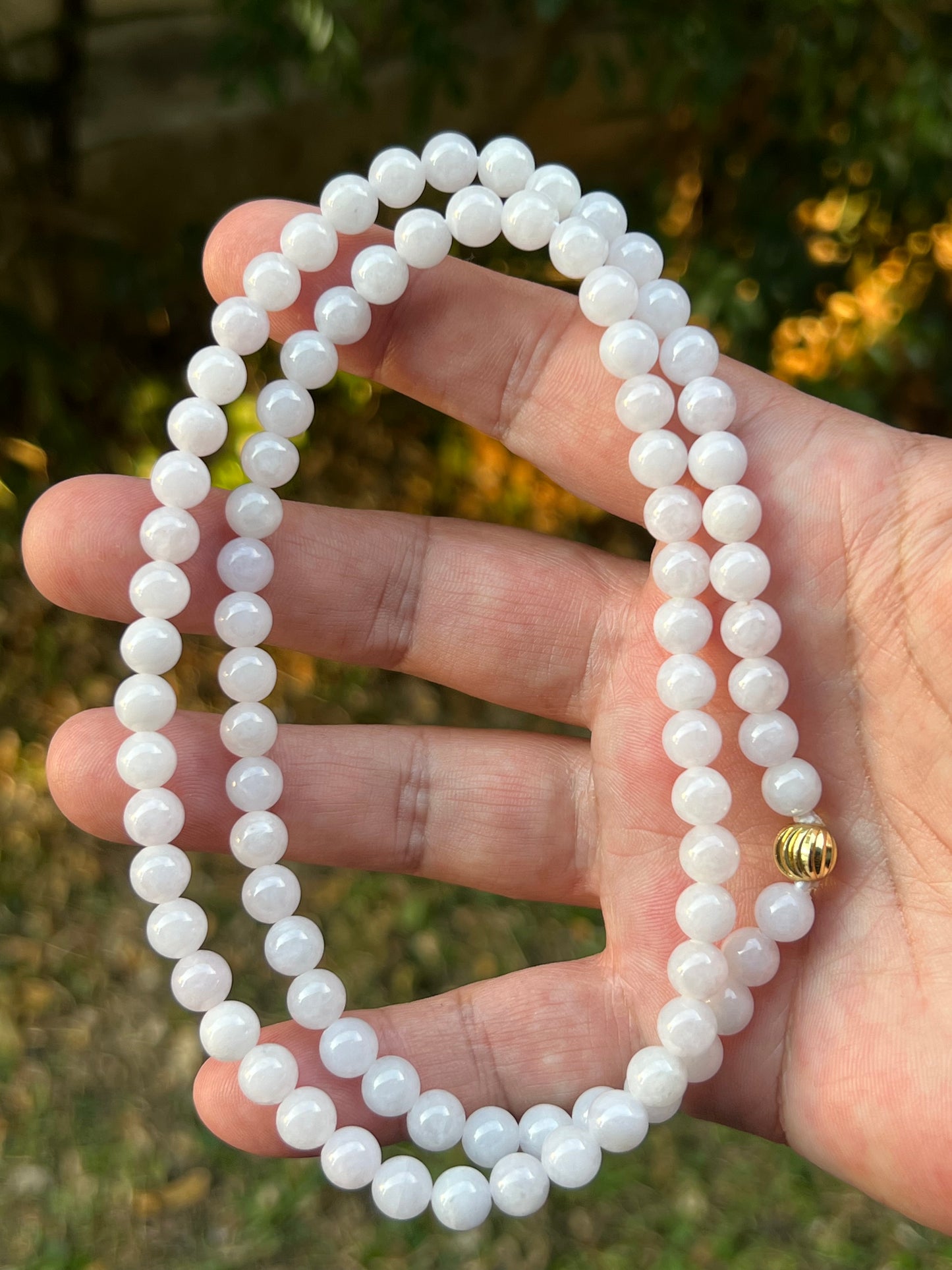 Natural Certified Grade A Burmese Jadeite Jade Beaded Necklace – Icy Milky White & Light Lavender Hues – 7.0mm Beads – JN091