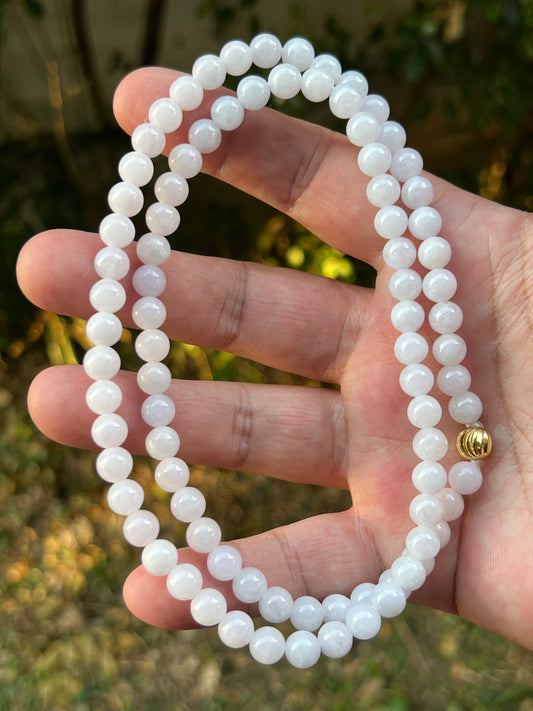 Natural Certified Grade A Burmese Jadeite Jade Beaded Necklace – Icy Milky White & Light Lavender Hues – 7.0mm Beads – JN091