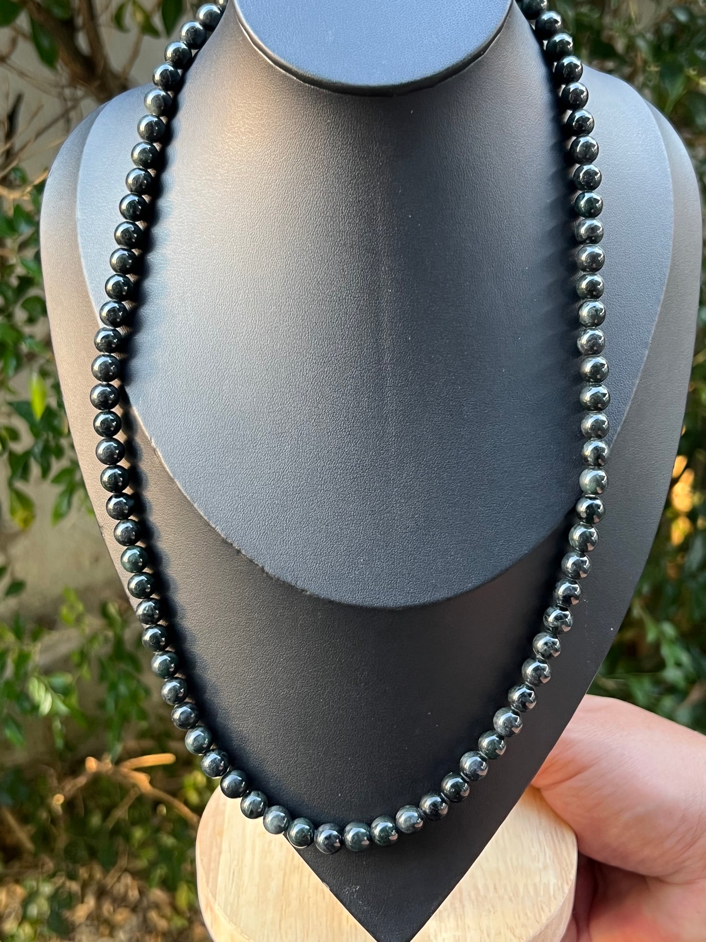 Natural Certified Grade A Burmese Jadeite Jade Beaded Necklace – Icy Deep Forest & Apple Green – 7.3mm Beads – JN095