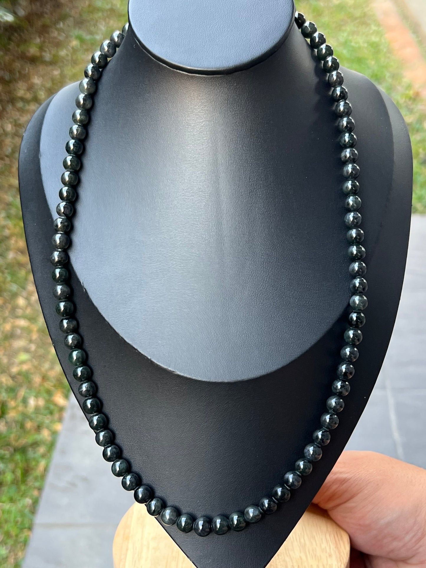 Natural Certified Grade A Burmese Jadeite Jade Beaded Necklace – Icy Deep Forest & Apple Green – 7.3mm Beads – JN095