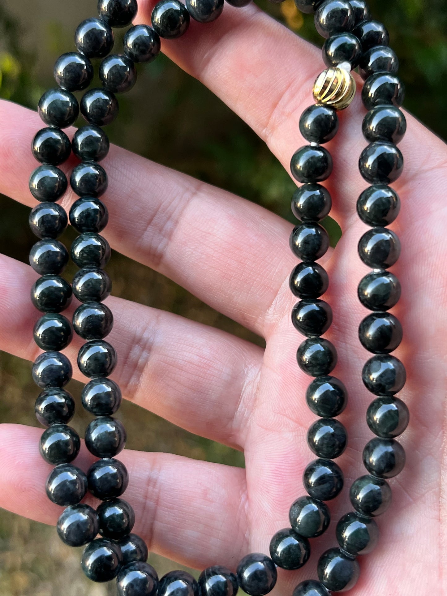 Natural Certified Grade A Burmese Jadeite Jade Beaded Necklace – Icy Deep Forest & Apple Green – 7.3mm Beads – JN095