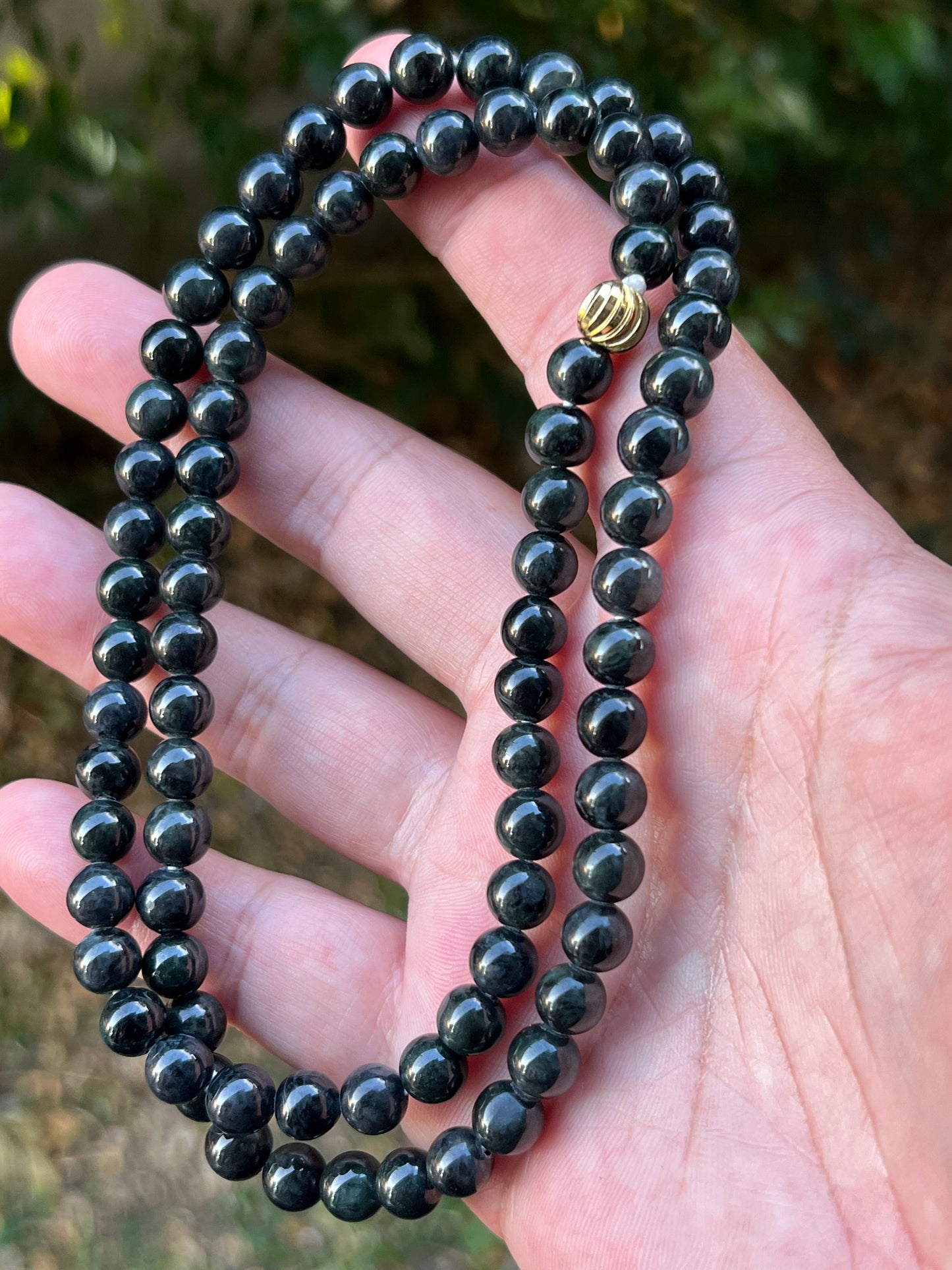 Natural Certified Grade A Burmese Jadeite Jade Beaded Necklace – Icy Deep Forest & Apple Green – 7.3mm Beads – JN095