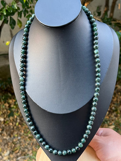 Natural Certified Grade A Burmese Jadeite Jade Beaded Necklace – Icy Deep Forest & Apple Green – 7.6mm Beads – JN096