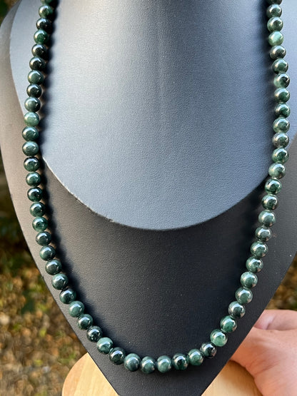 Natural Certified Grade A Burmese Jadeite Jade Beaded Necklace – Icy Deep Forest & Apple Green – 7.6mm Beads – JN096