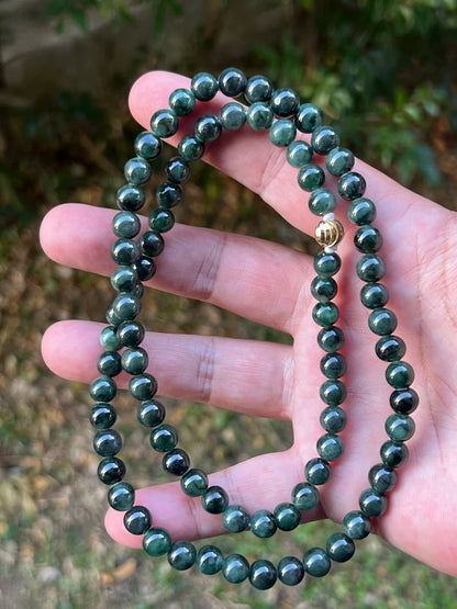 Natural Certified Grade A Burmese Jadeite Jade Beaded Necklace – Icy Deep Forest & Apple Green – 7.6mm Beads – JN096