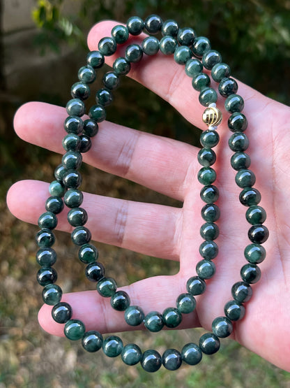Natural Certified Grade A Burmese Jadeite Jade Beaded Necklace – Icy Deep Forest & Apple Green – 7.6mm Beads – JN096