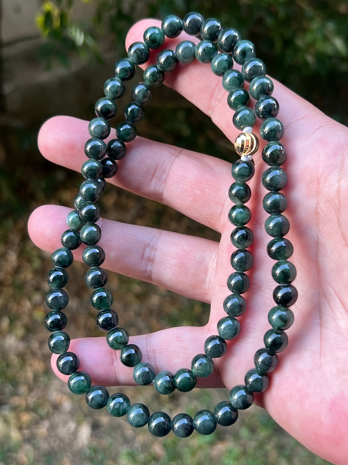 Natural Certified Grade A Burmese Jadeite Jade Beaded Necklace – Icy Deep Forest & Apple Green – 7.6mm Beads – JN096