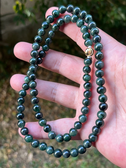Natural Certified Grade A Burmese Jadeite Jade Beaded Necklace – Icy Deep Forest & Apple Green – 7.6mm Beads – JN096