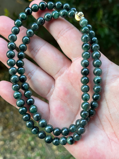 Natural Certified Grade A Burmese Jadeite Jade Beaded Necklace – Icy Deep Forest & Apple Green – 7.6mm Beads – JN096