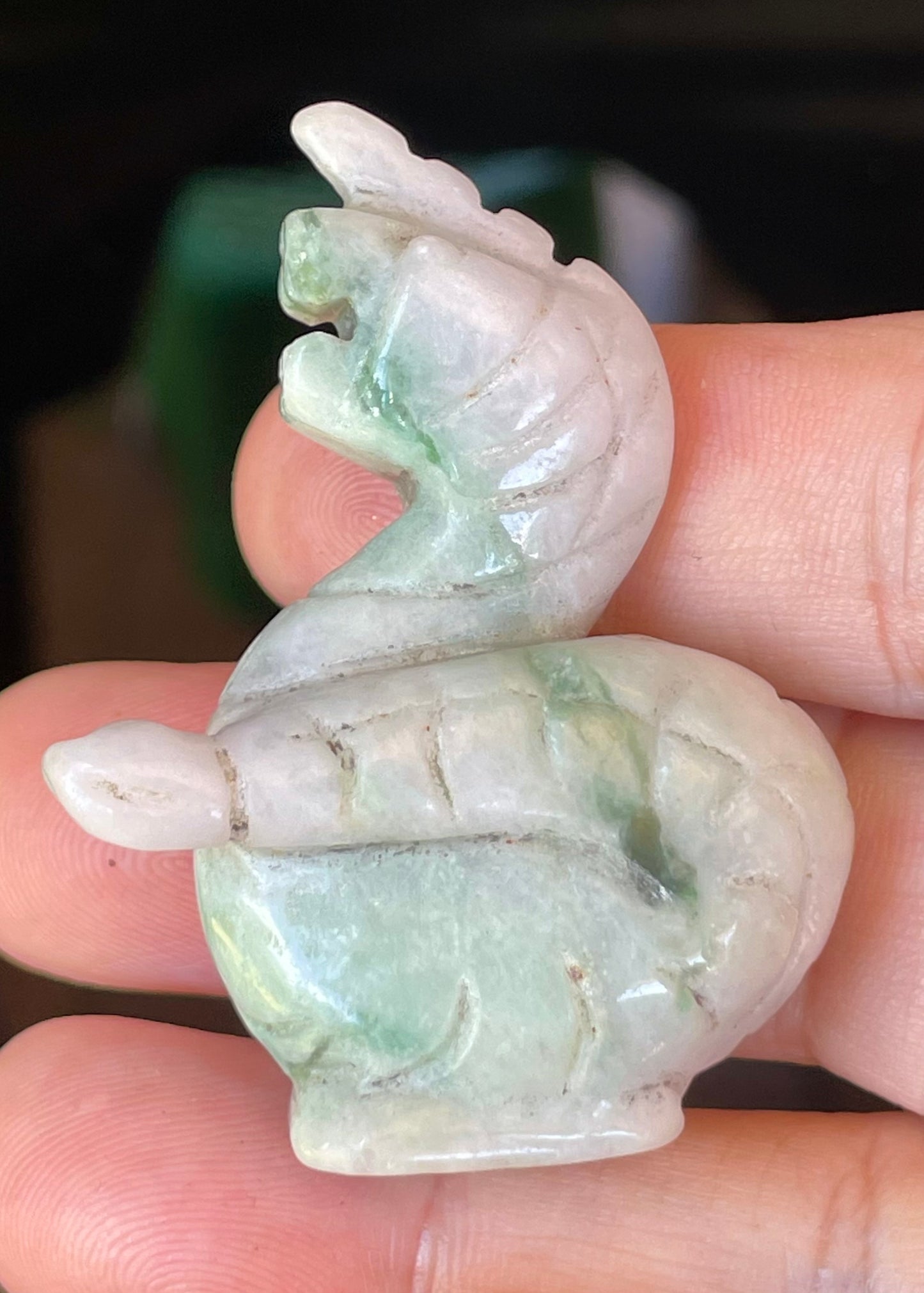 Natural Burmese Jadeite Jade Dragon Carving – Icy Imperial & Apple Green with Milky White Hues – Dragon Motif – JBD002