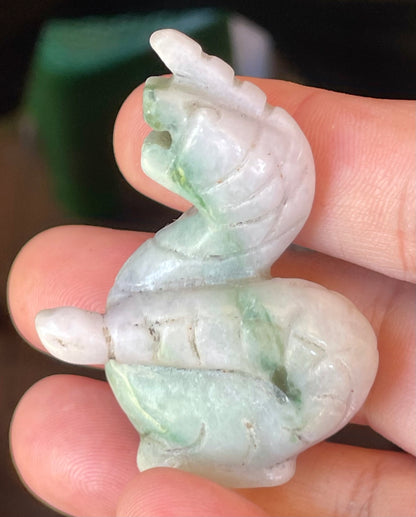 Natural Burmese Jadeite Jade Dragon Carving – Icy Imperial & Apple Green with Milky White Hues – Dragon Motif – JBD002