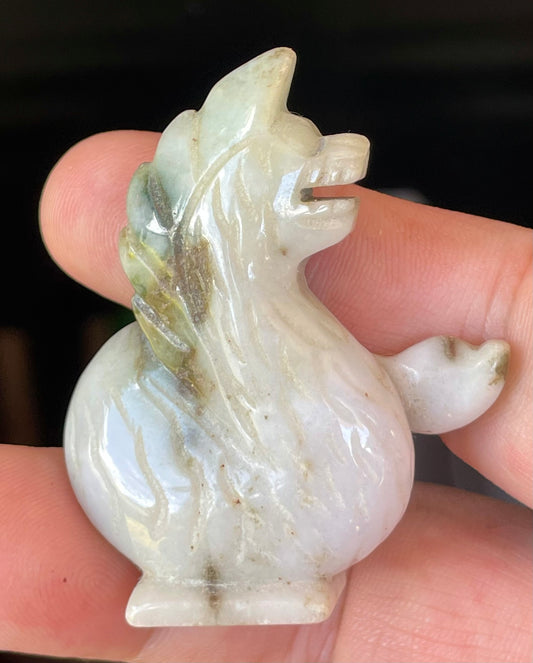 Natural Burmese Jadeite Jade Dragon Carving – Icy Milky White with Apple & Moss Green Accents – Dragon Motif – JBD001