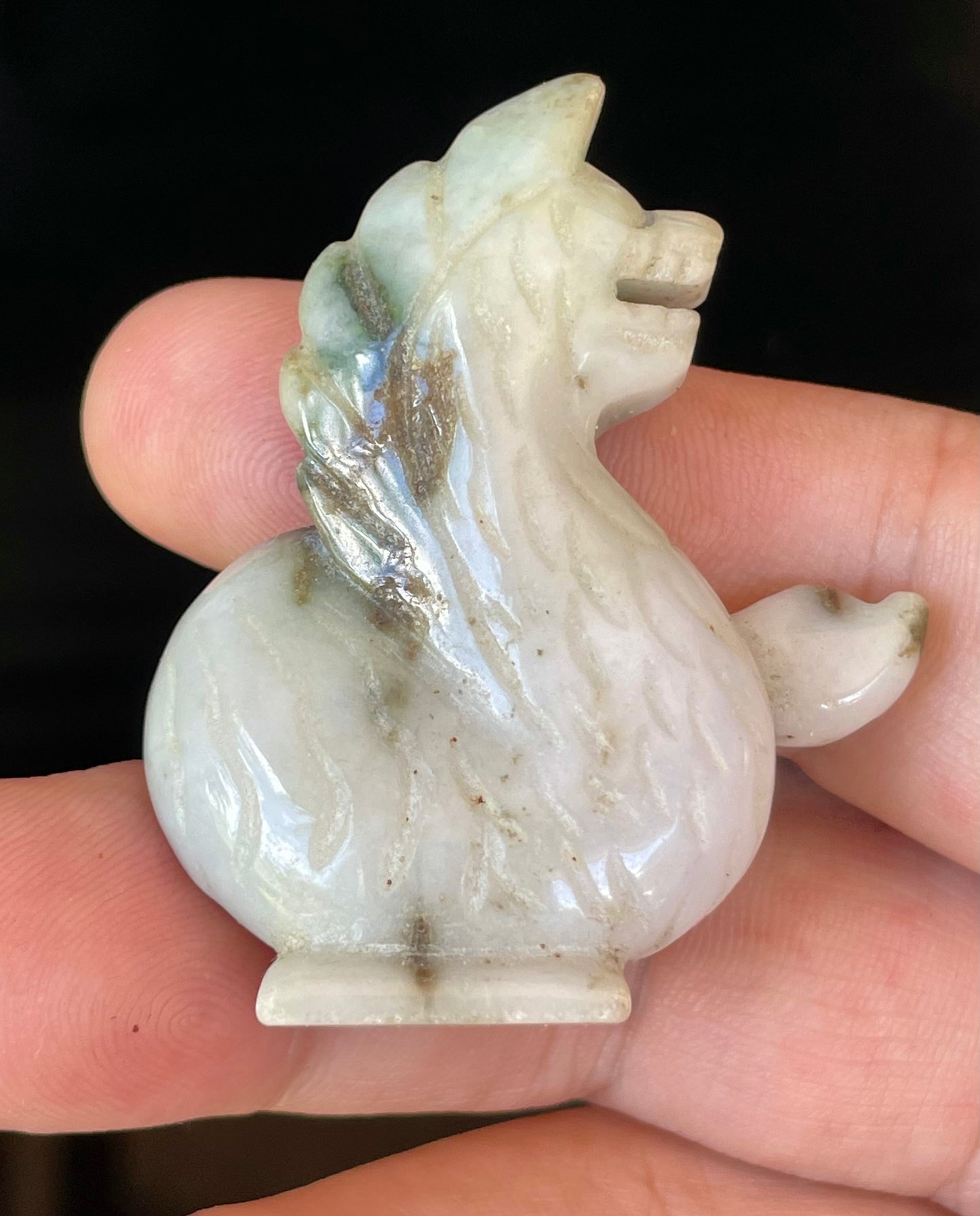 Natural Burmese Jadeite Jade Dragon Carving – Icy Milky White with Apple & Moss Green Accents – Dragon Motif – JBD001