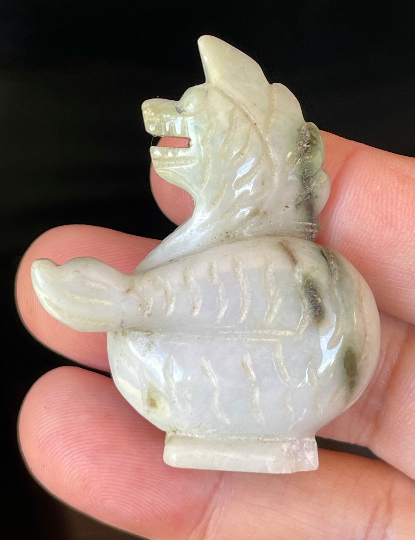 Natural Burmese Jadeite Jade Dragon Carving – Icy Milky White with Apple & Moss Green Accents – Dragon Motif – JBD001