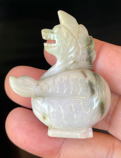 Natural Burmese Jadeite Jade Dragon Carving – Icy Milky White with Apple & Moss Green Accents – Dragon Motif – JBD001
