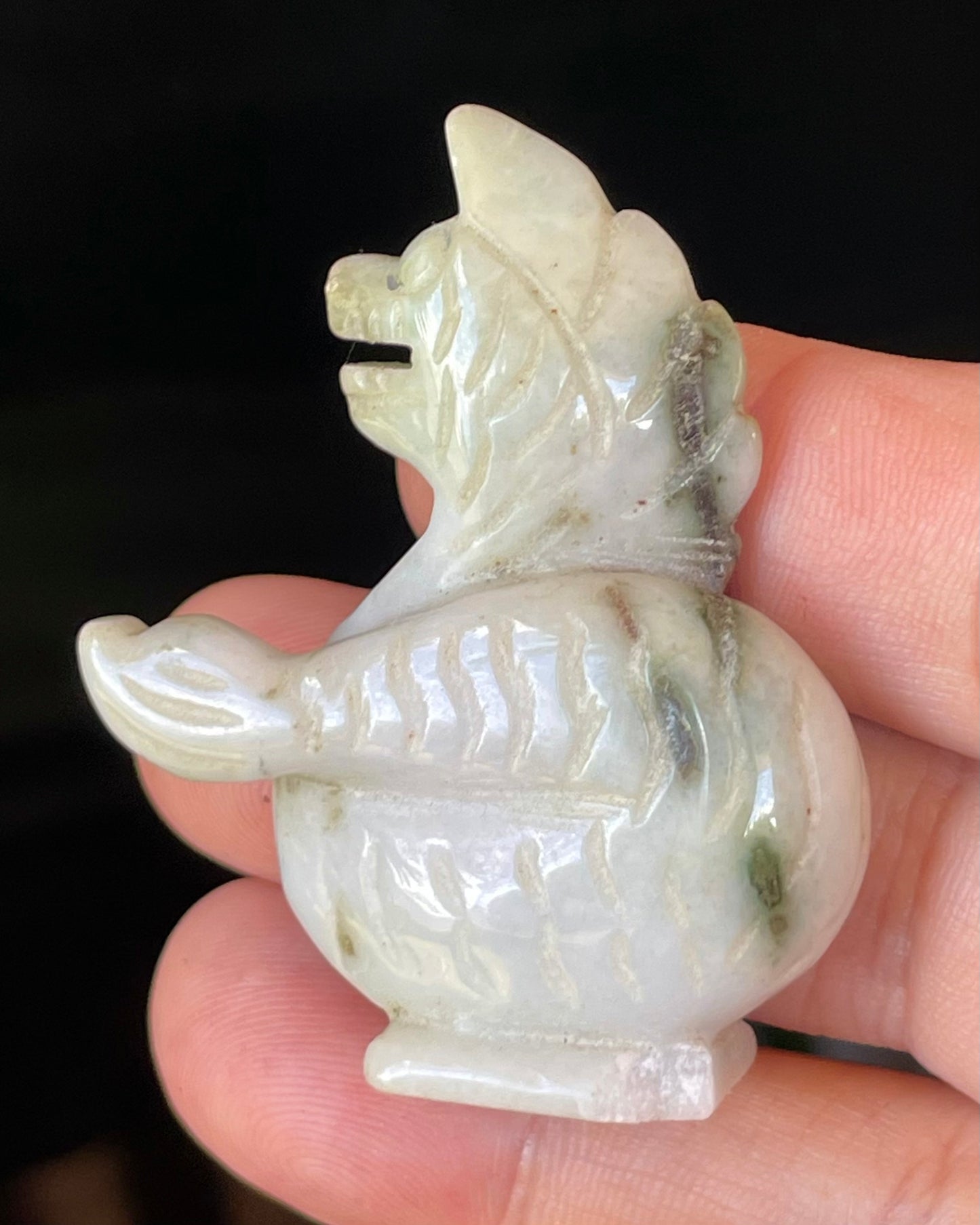 Natural Burmese Jadeite Jade Dragon Carving – Icy Milky White with Apple & Moss Green Accents – Dragon Motif – JBD001
