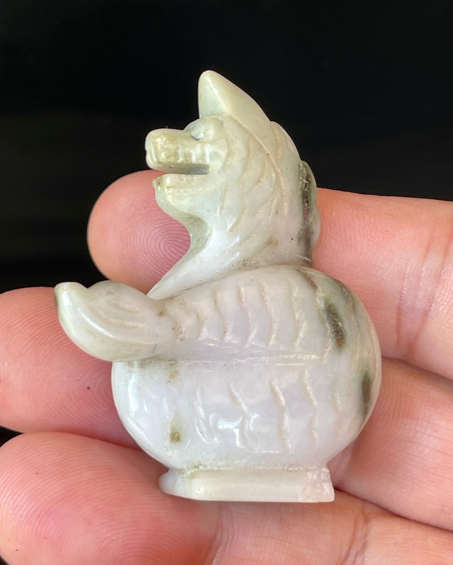 Natural Burmese Jadeite Jade Dragon Carving – Icy Milky White with Apple & Moss Green Accents – Dragon Motif – JBD001