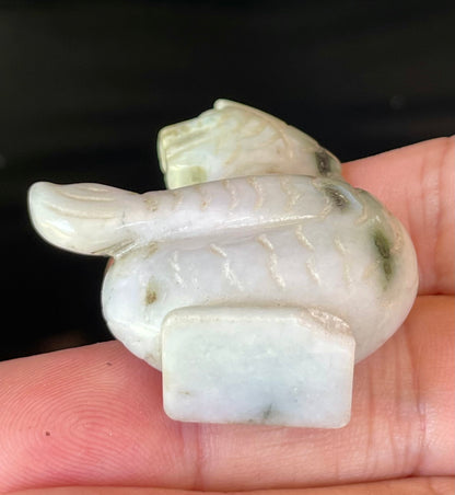 Natural Burmese Jadeite Jade Dragon Carving – Icy Milky White with Apple & Moss Green Accents – Dragon Motif – JBD001