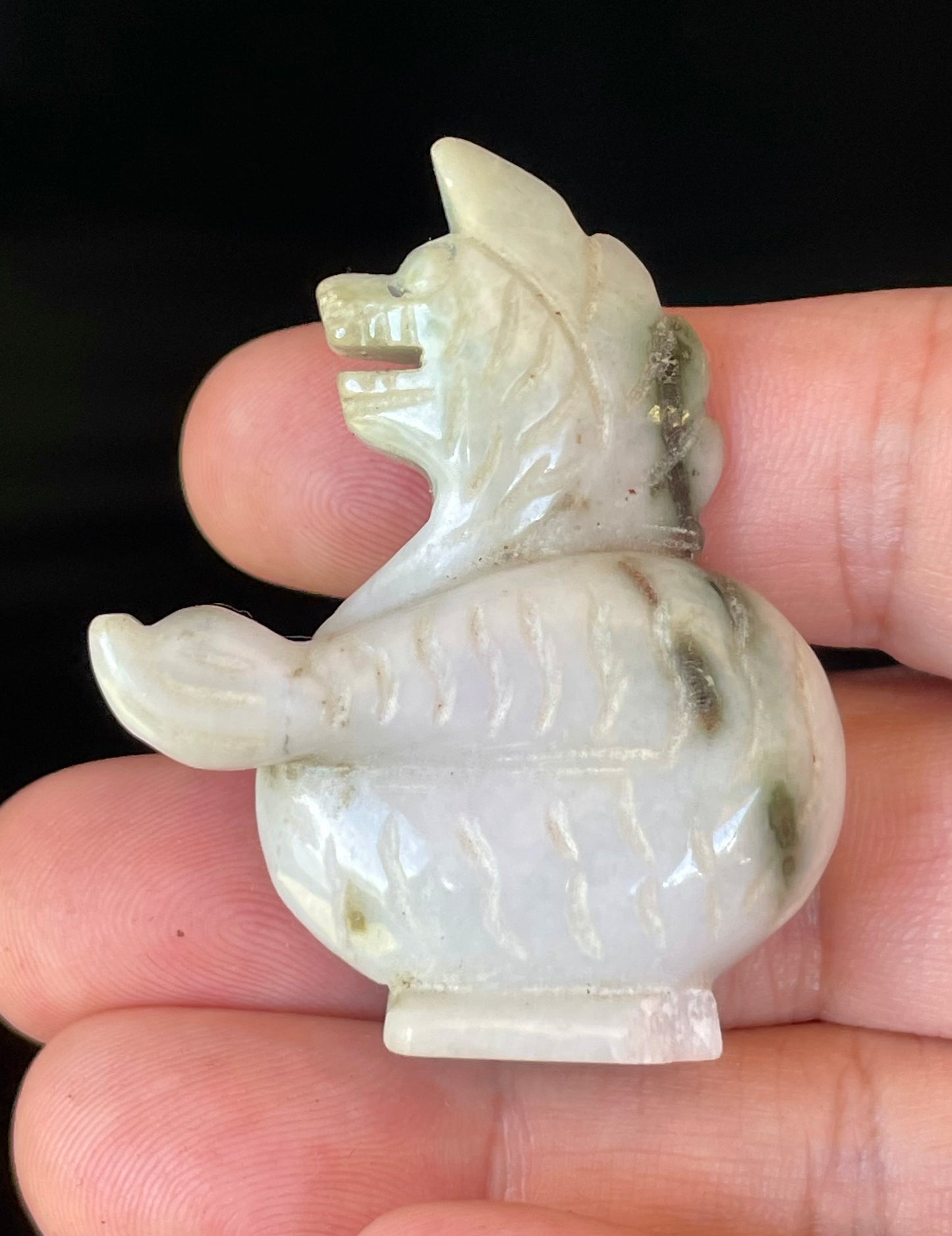 Natural Burmese Jadeite Jade Dragon Carving – Icy Milky White with Apple & Moss Green Accents – Dragon Motif – JBD001
