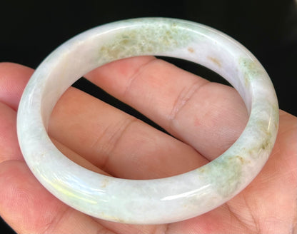 Natural Burmese Jadeite Jade Bangle – Icy Milky White with Grayish Hues, Apple & Forest Green – 58.6mm – JB502