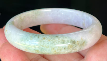 Natural Burmese Jadeite Jade Bangle – Icy Milky White with Grayish Hues, Apple & Forest Green – 58.6mm – JB502