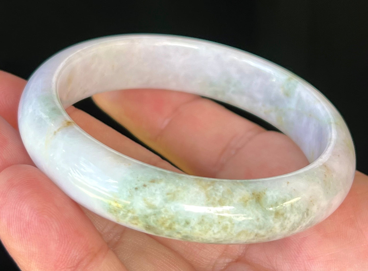 Natural Burmese Jadeite Jade Bangle – Icy Milky White with Grayish Hues, Apple & Forest Green – 58.6mm – JB502