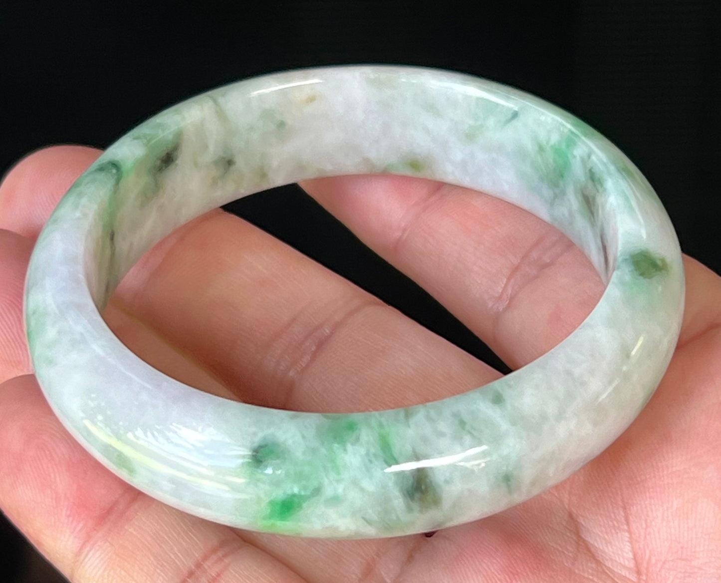 Natural Burmese Jadeite Jade Bangle – Icy Milky White & Greyish Lavender with Imperial & Apple Moss Green – 58.5mm – JB505
