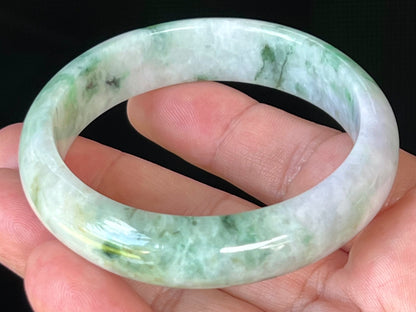 Natural Burmese Jadeite Jade Bangle – Icy Milky White & Greyish Lavender with Imperial & Apple Moss Green – 58.5mm – JB505