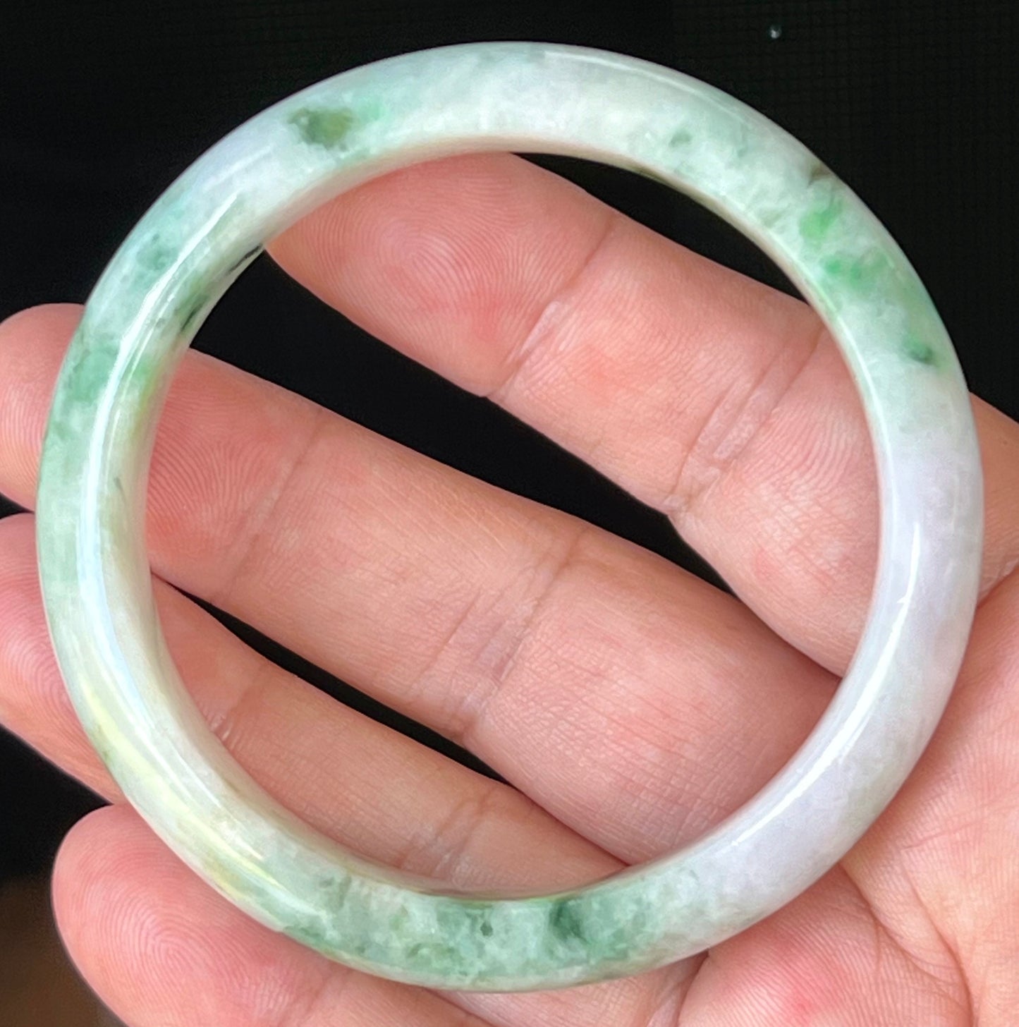 Natural Burmese Jadeite Jade Bangle – Icy Milky White & Greyish Lavender with Imperial & Apple Moss Green – 58.5mm – JB505