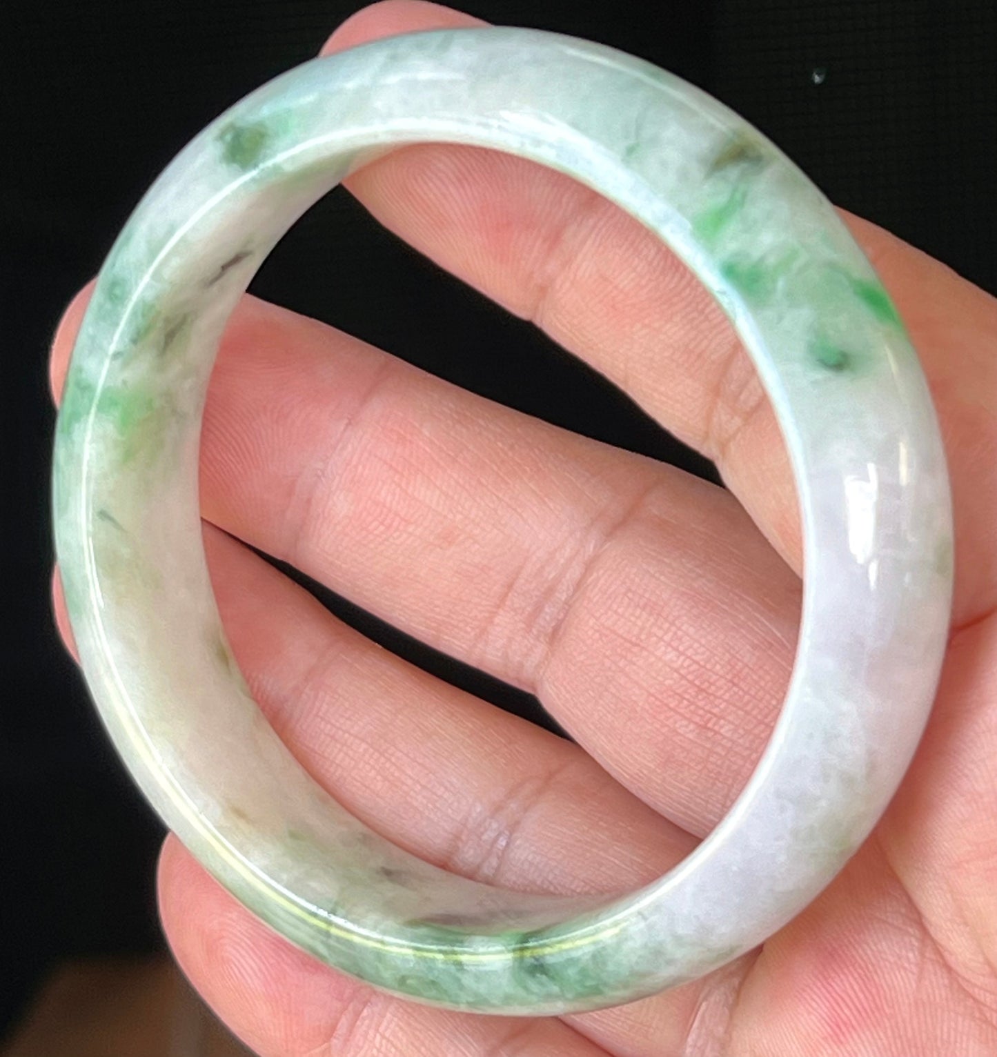 Natural Burmese Jadeite Jade Bangle – Icy Milky White & Greyish Lavender with Imperial & Apple Moss Green – 58.5mm – JB505