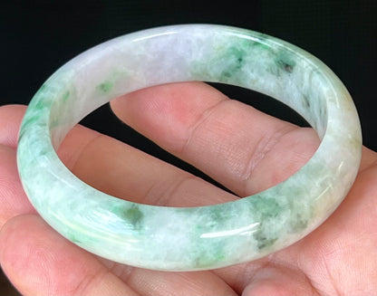 Natural Burmese Jadeite Jade Bangle – Icy Milky White & Greyish Lavender with Imperial & Apple Moss Green – 58.5mm – JB505
