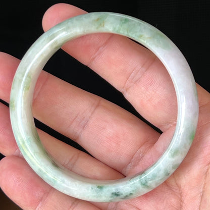 Natural Burmese Jadeite Jade Bangle – Icy Milky White & Greyish Lavender with Imperial & Apple Moss Green – 58.5mm – JB505