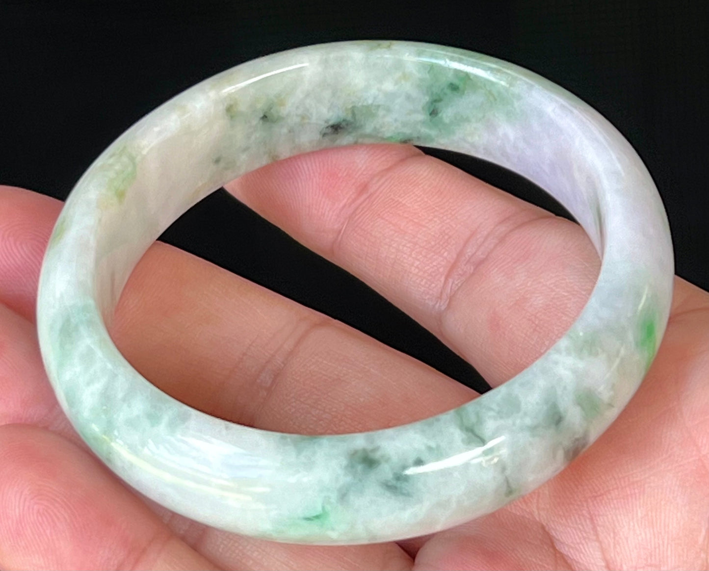 Natural Burmese Jadeite Jade Bangle – Icy Milky White & Greyish Lavender with Imperial & Apple Moss Green – 58.5mm – JB505