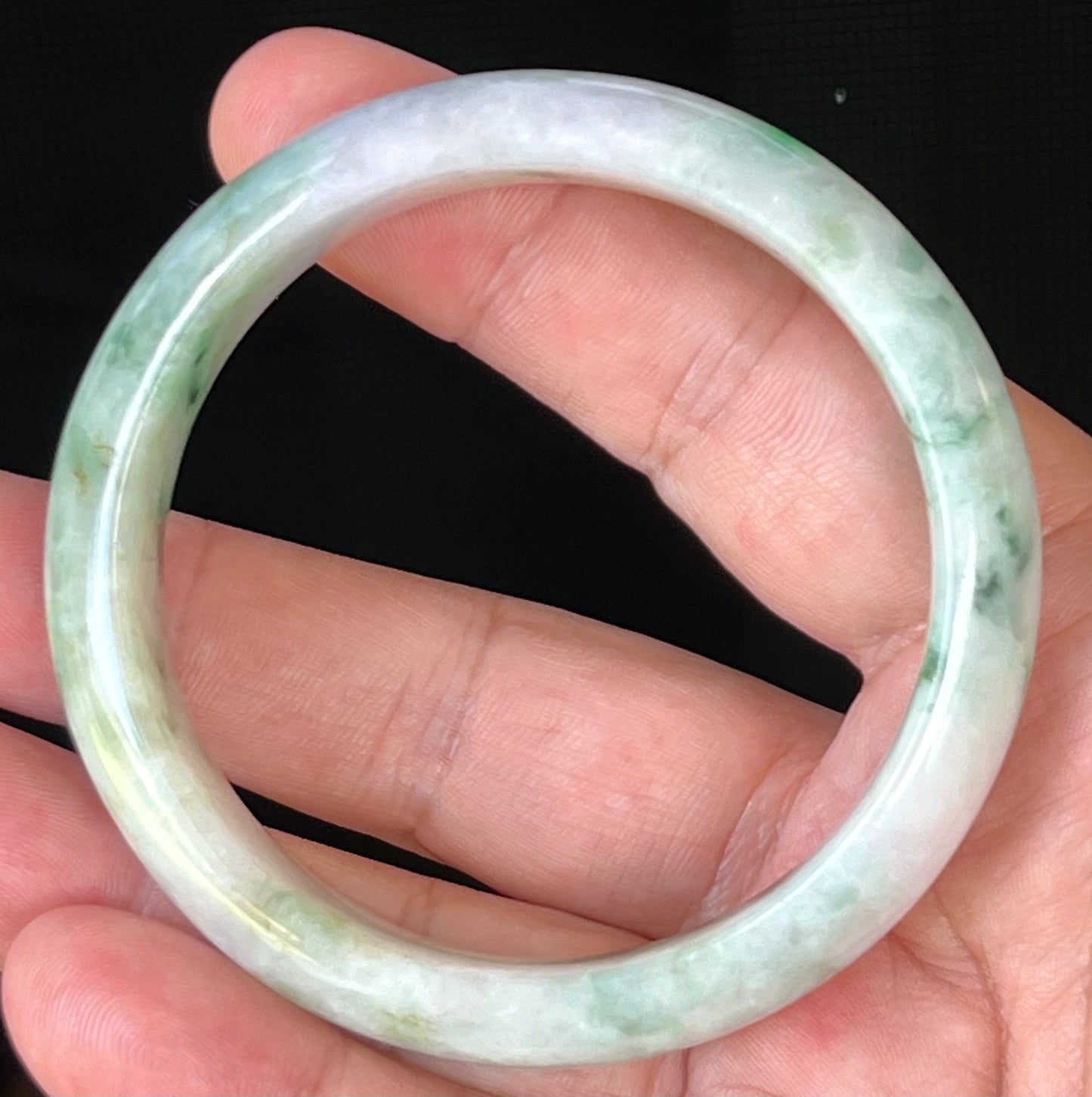 Natural Burmese Jadeite Jade Bangle – Icy Milky White & Greyish Lavender with Imperial & Apple Moss Green – 58.5mm – JB505