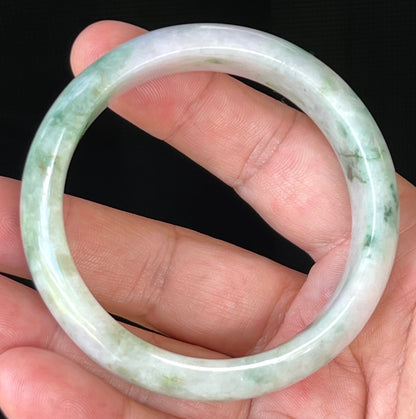 Natural Burmese Jadeite Jade Bangle – Icy Milky White & Greyish Lavender with Imperial & Apple Moss Green – 58.5mm – JB505