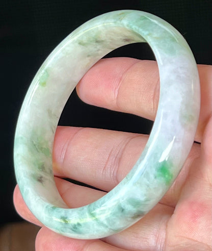 Natural Burmese Jadeite Jade Bangle – Icy Milky White & Greyish Lavender with Imperial & Apple Moss Green – 58.5mm – JB505