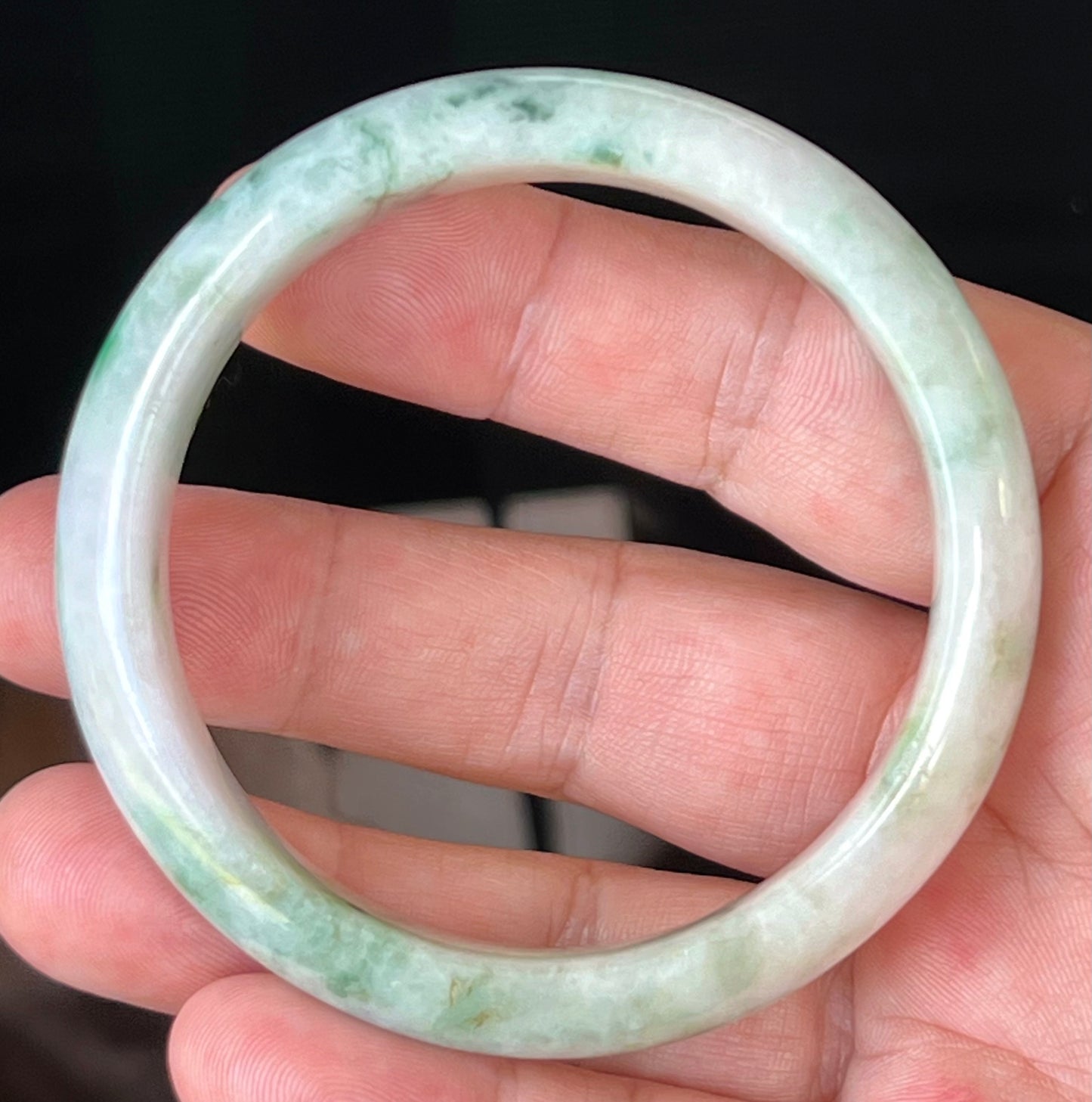 Natural Burmese Jadeite Jade Bangle – Icy Milky White & Greyish Lavender with Imperial & Apple Moss Green – 58.5mm – JB505