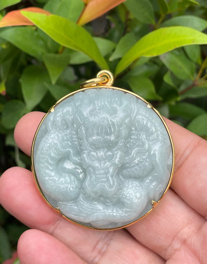 Natural Certified Burmese Jadeite Jade Pendant – Bluish Apple Green – Hand-Carved Dragon Motif – 24K Vermeil Gold Setting – JP034