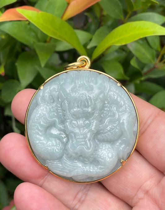 Natural Certified Burmese Jadeite Jade Pendant – Bluish Apple Green – Hand-Carved Dragon Motif – 24K Vermeil Gold Setting – JP034