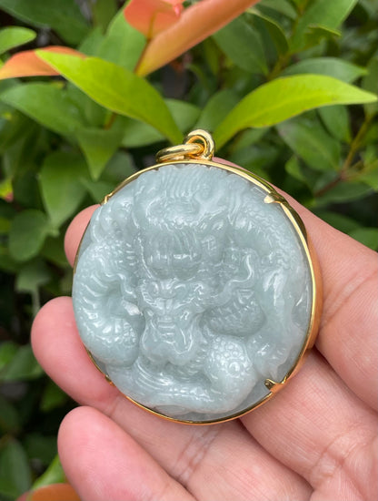 Natural Certified Burmese Jadeite Jade Pendant – Bluish Apple Green – Hand-Carved Dragon Motif – 24K Vermeil Gold Setting – JP034