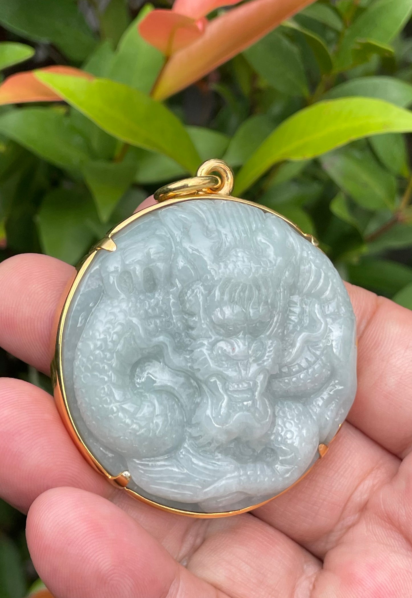 Natural Certified Burmese Jadeite Jade Pendant – Bluish Apple Green – Hand-Carved Dragon Motif – 24K Vermeil Gold Setting – JP034