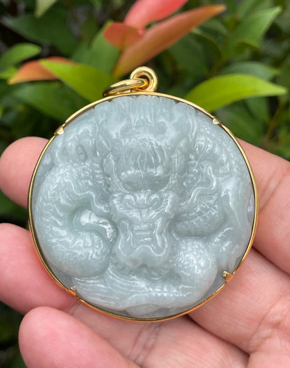 Natural Certified Burmese Jadeite Jade Pendant – Bluish Apple Green – Hand-Carved Dragon Motif – 24K Vermeil Gold Setting – JP034